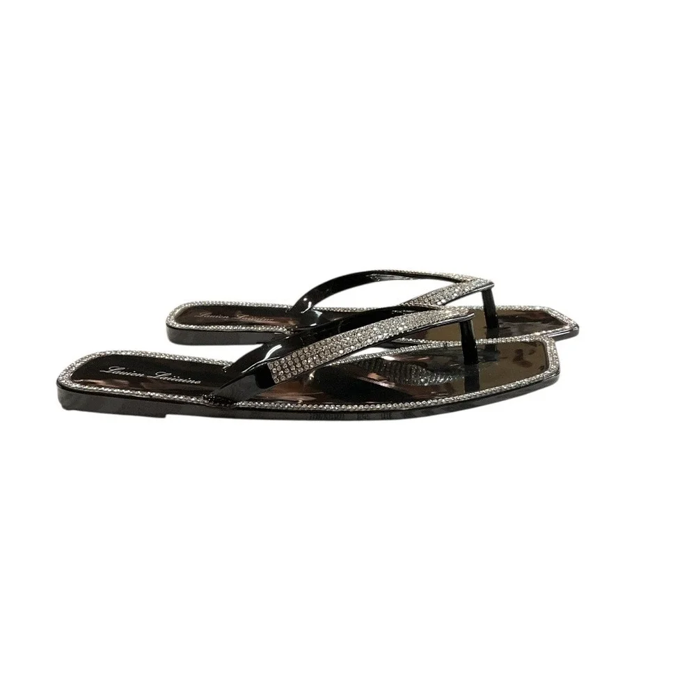 Lauren Lorraine Tampa Rhinestone Flip Flops Jelly Thong Sandals Black Size 6 NWB